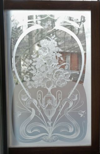 Antique French Acid Etched Glass Window With Wood Frame 36 " X 24 "