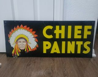 Vintage 1960s Chief Paints Tin Metal Sign 28 X 12 Indian Double 2 Sided Gas Oil