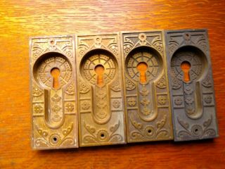 Four Antique Fancy Victorian Brass Double Pocket Door Finger Plates Pulls C1885