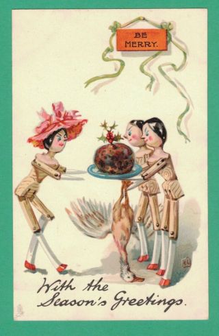 1905 Tuck Signed Christmas Postcard Matchstick Dolls Plum Pudding Goose