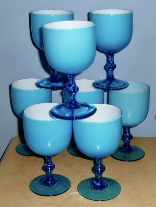 (8) Vintage Carlo Moretti Blue & White Cased Glass Water Wine Goblets,  5 3/4 "