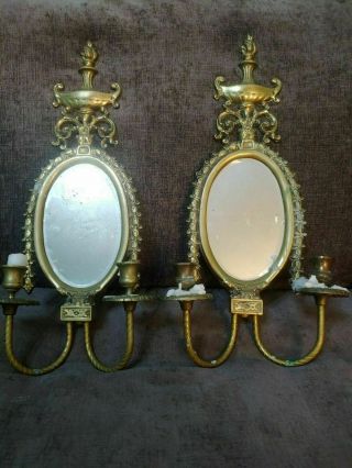 Double Arm Solid Brass Mirror Back Candle Sconces With Flame Urn Finial