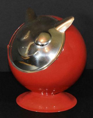 Vintage Mid Century Modern Atomic Cat Red Metal Chrome Orb Ashtray