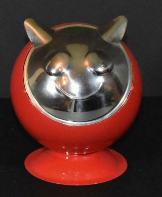 Vintage Mid Century Modern Atomic Cat Red Metal Chrome Orb Ashtray 3