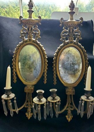 2 Brass Lamp Sconces Double Candle Electric Vintage Antique Wall Mirror Lights