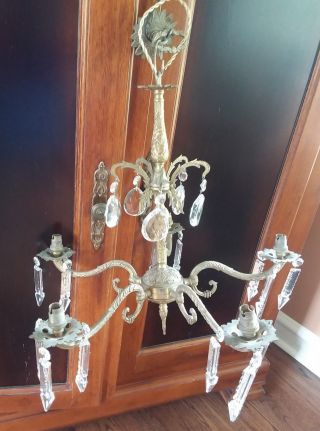 French Vintage Crystal Pendants & Drops Brass Or Bronze Chandelier From France