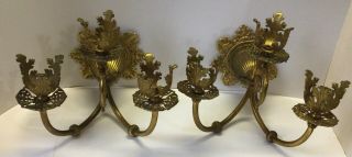 Pair Antique Ornate Victorian Brass 3 Lite Wall Sconces Gas / Electric To Restor