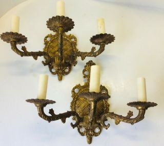 Pair Vintage Ornate Brass Spanish 3 Lite Candle Wall Sconce Lamp Fixture Hollyw