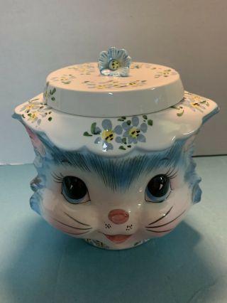 Miss Priss Blue Cat Cookie Jar Lefton Japan 1502 Ceramic 7 1/4 " Tall Vintage