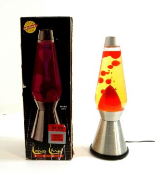Vintage Lava Lite Lamp Box Yellow W/ Red Lava Silver Starlite Base 204