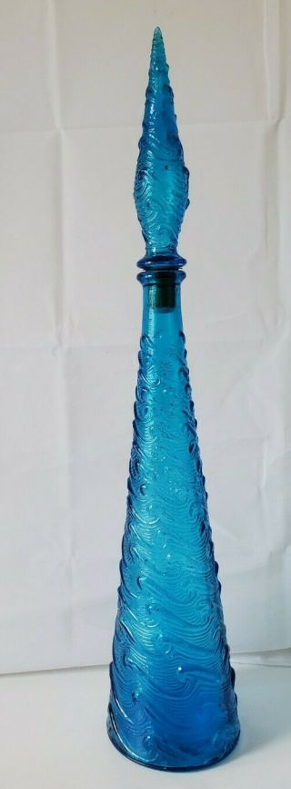 Vtg Italian Empoli Genie Bottle Decanter Blue Italy Glass Waves 22 " Tall Mcm