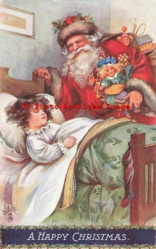 Christmas,  Tuck No C 219,  A.  L.  Bowley,  Red Robe Santa With Toys,  Sleeping Girl