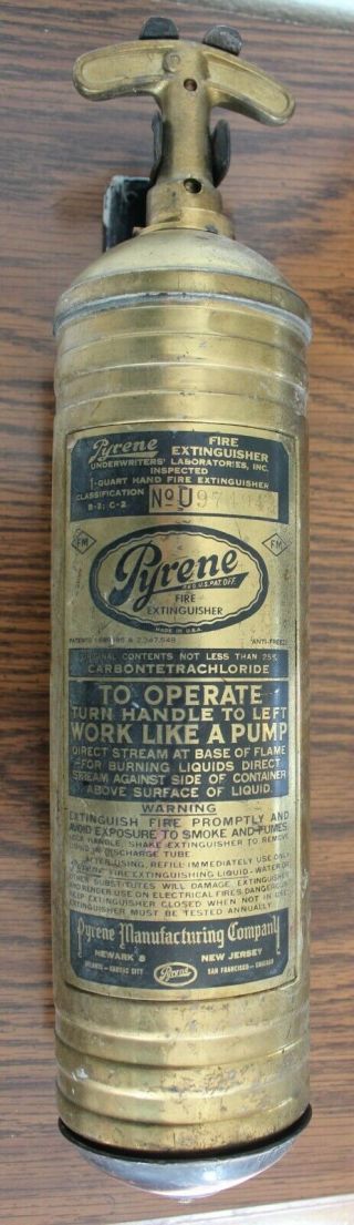 Antique Vintage Pyrene Fire Extinguisher Heavy Duty Brass With Wall Bracket