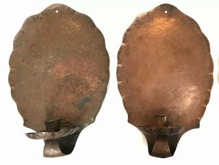Vintage Pair Arts & Crafts Hammered Copper Wall Candle Sconces Signed Volk