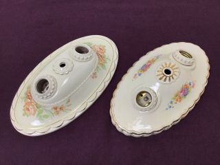 2 Antique Porcelier Porcelain Ceiling Light Fixtures Vintage Hand Painted 2 Bulb