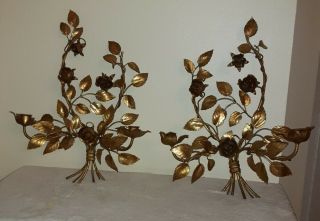 Pair Vintage Italian Gold Gilt Metal Tole Candleabra Wall Sconce Roses & Leaves
