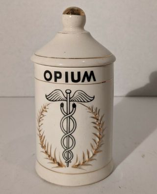 Vintage French Porcelain Opium Apothecary Jar Embossed Gold Pharmacy Caduceus?