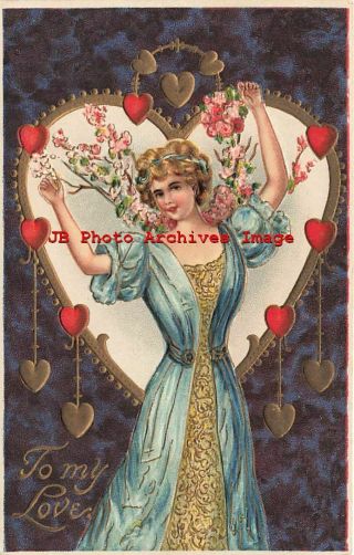4 Postcards,  Valentine Day,  Albrecht & Meister,  Pretty Women With Roses & Hearts