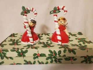 2 Vintage Christmas Angel Bell Napco 1956 Japan Candy Cane Red Girl Figurine Ja