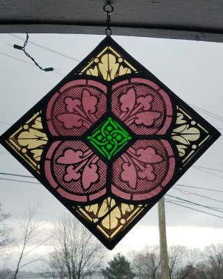 Antique Fired Leaded Stained Glass Suncatcher Window,  1920s