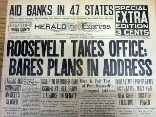 1933 Display Newspaper Democrat Franklin D Roosevelt Inaugurated Us President