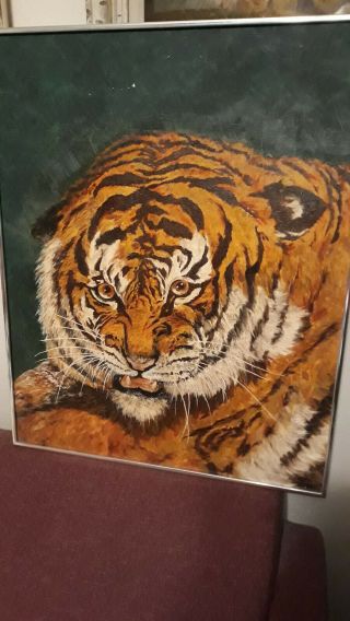Vintage Signed Oil Painting Of Tiger Texas Artist Edna Tate (1921 - 2016) Framed