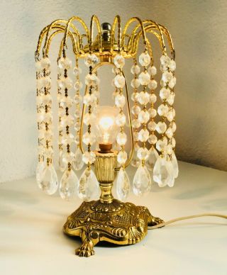 ✨ 11 " Vintage Table Boudoir Lamp Brass Claw Foot Waterfall Crystal Chandelier ✨