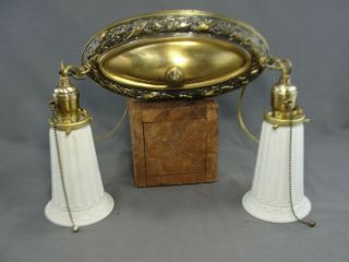 Antique Art Deco Era 2 - Light Brass Pan Ceiling Fixture Carved Milk Glass Shades