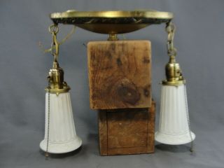 Antique Art Deco Era 2 - Light Brass Pan Ceiling Fixture Carved Milk Glass Shades 2