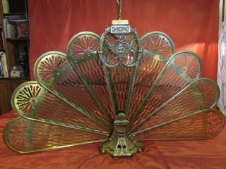 Vintage Ornate Brass Peacock Fireplace Fan Folding Screen Art Deco