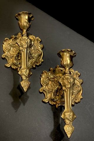 Vtg Pair Heavy Ornate Solid Brass Wall Sconces For Candles 2 Lbs.  Each