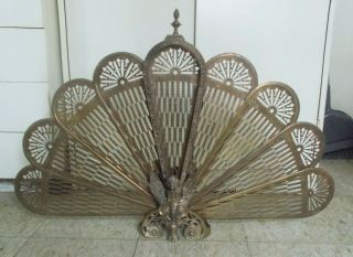 Antique Art Deco Brass Fireplace Screen With Fold Out Fans Winged Lion Decor