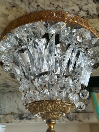 European Antique 1950s Vintage Cut Crystal And Brass Ceiling Light Fixture 10 "