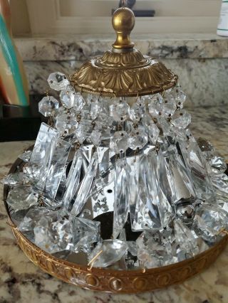 European Antique 1950s Vintage Cut Crystal and Brass Ceiling Light Fixture 10 