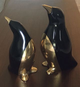 Vintage Set Of 2 Brass / Bronze Penguin Figurines W/ Black Enamel Back