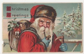 A Very Rare Red Suit Brown Hat Santa Claus - Embossed Postcard 1909