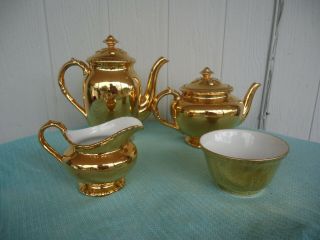 Vintage Royal Worcester Large Gold 22 Ct Teapot Coffee Pot Jug & Sugar Tea Set