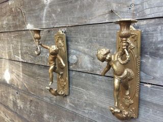 Vintage Solid Brass Cherub Sconce Wall Mount Candle Holders