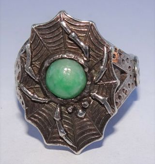 Rare Vintage Chinese Sterling Silver Jade Spider Web Ring Adjustable