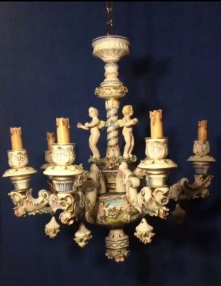 Vintage Antique Capodimonte Ceiling Light Italian Porcelain 6 Branches