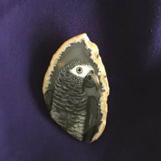 African Grey Parrot Bird Handpainted On Agate Pendant Brooch Pin Or Pendant 2.  5”