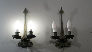 Antique Vintage Bronze Arts And Crafts 2 Light Sconces Wall Lamp