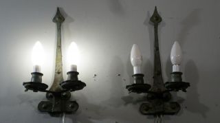Antique Vintage Bronze Arts And Crafts 2 Light Sconces Wall Lamp 2