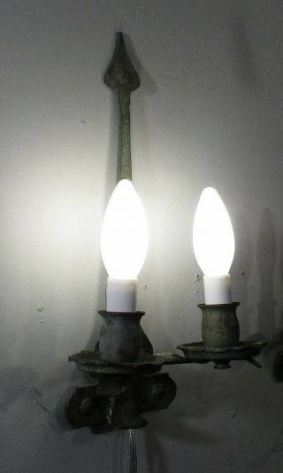 Antique Vintage Bronze Arts And Crafts 2 Light Sconces Wall Lamp 3