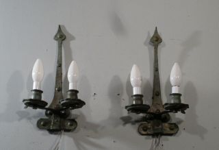Antique Vintage Bronze Arts And Crafts 2 Light Sconces Wall Lamp 4