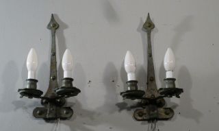 Antique Vintage Bronze Arts And Crafts 2 Light Sconces Wall Lamp 5