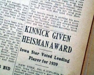 Nile Kinnick Iowa Hawkeyes College Football Wins Heisman Trophy 1939 Newspaper