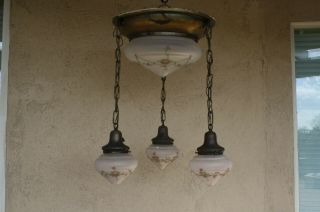 Antique Brass Chandelier Ceiling 4 Light Revrse Painted Bowl Shade Flush Mount