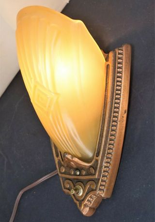 Antique Art Deco Slip Shade Wall Sconce Light Fixture Amber Glass By Puritan