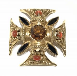 Vtg Signed Florenza Maltese Cross Rhinestone Pendant Brooch Gothic Style 2 1/4”